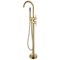 Gold Rounded Floor Mount Bathtub Faucet With Spray